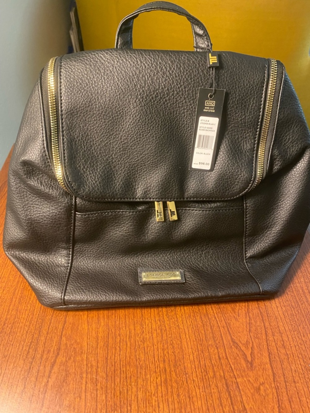 London Fog Black Pebbled Backpack with Gold Hardware